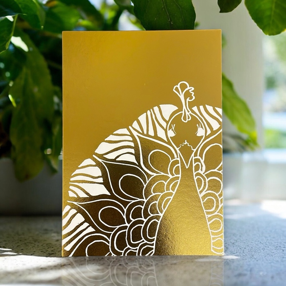 Gold Peacock Linocut Print 5x7